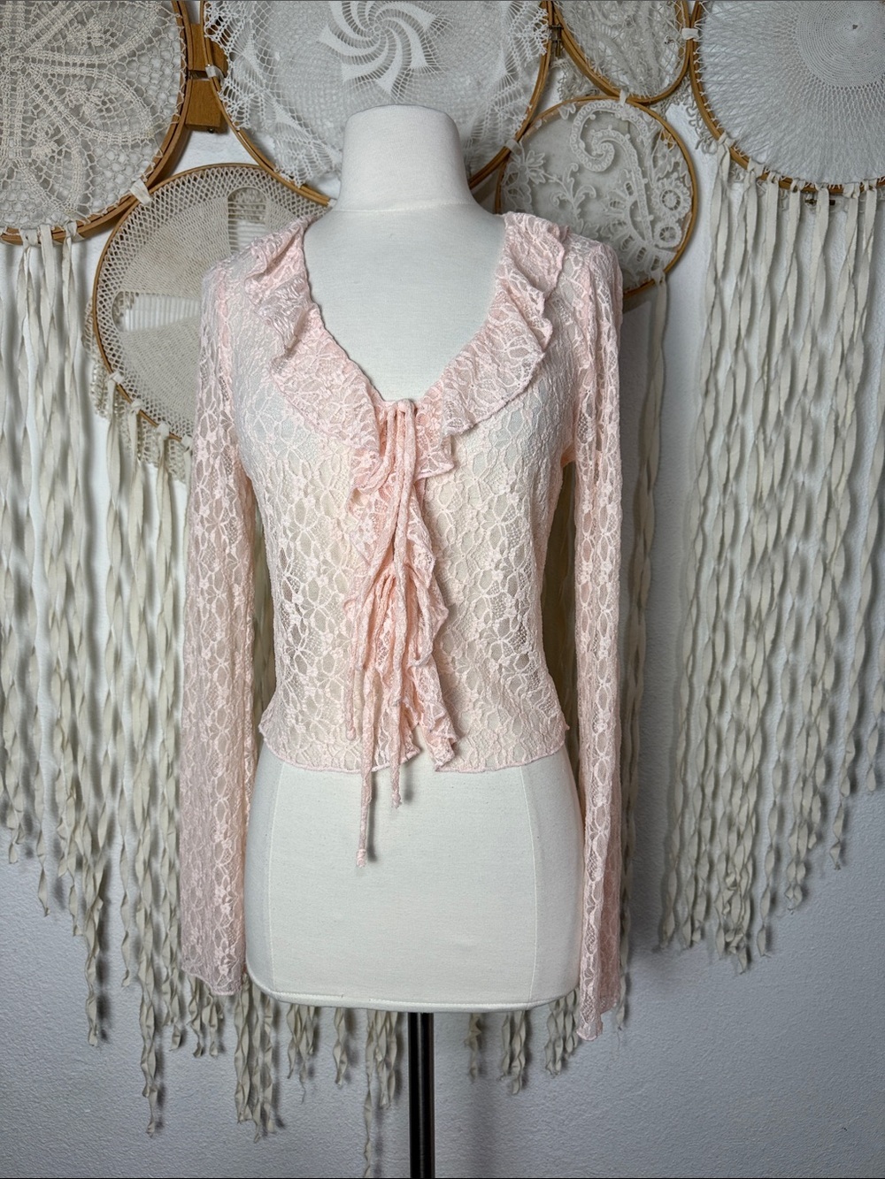 Thirty Thirty Peach Lace Tie Front Sheer Long Sleeve Top Size M